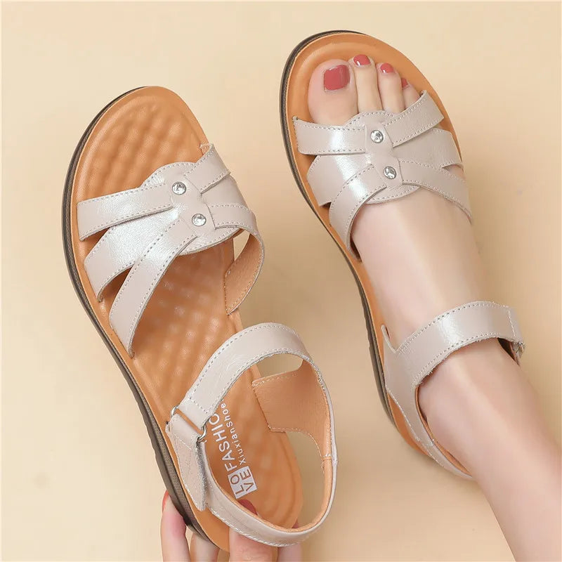 WOIZGIC Women's Female Ladies Mother Genuine Leather Sandals Platform Shoes Non Slip Summer Cool Beach Hook Loop Plus Size 42 43