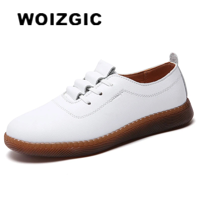 WOIZGIC Women Ladeis Mother Female Genuine Leather Flats Loafers White Shoes Soft Non Slip Vulcanized Shoes Size 35-41