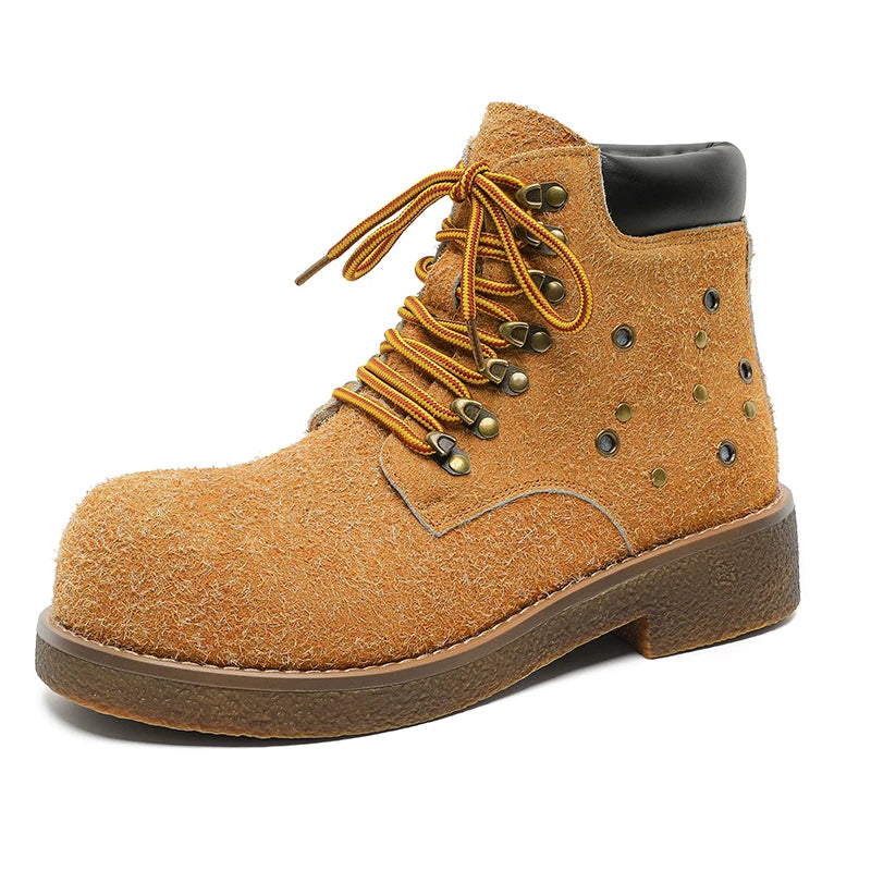 STRONGSHEN Handmade Men Motorcycle Boots Chunky Ankle Boots Leather Men Boots Retro Round Toe Autumn Winter Punk Street Style