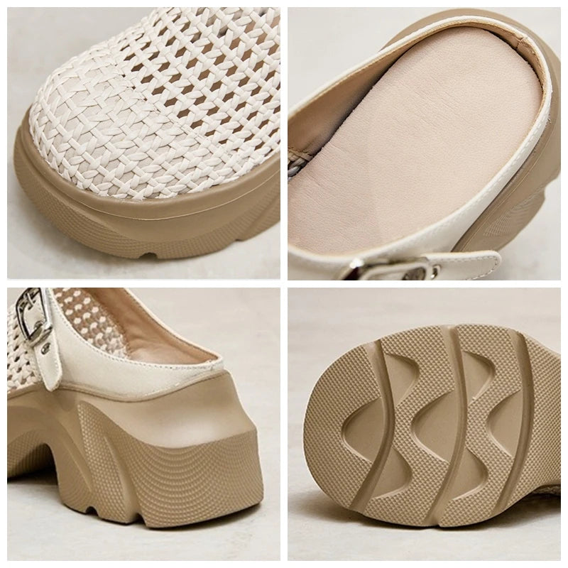 Fujin 7.5cm Microfiber Leather Platform Wedge High Brand Breathable Women Sandals Flats Round Toe Slipper Hollow Slip on Shoes