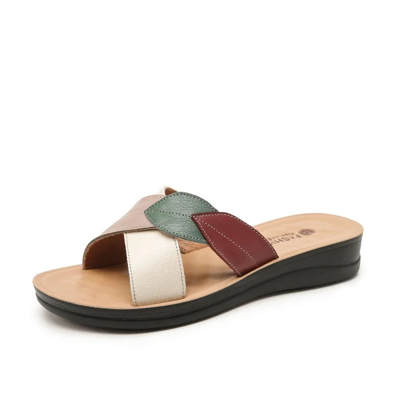 WOIZGIC Women Female Ladies Mother Genuine Leather Shoes Sandals Platform Slipper Summer Cool Beach Soft Slip On Outside
