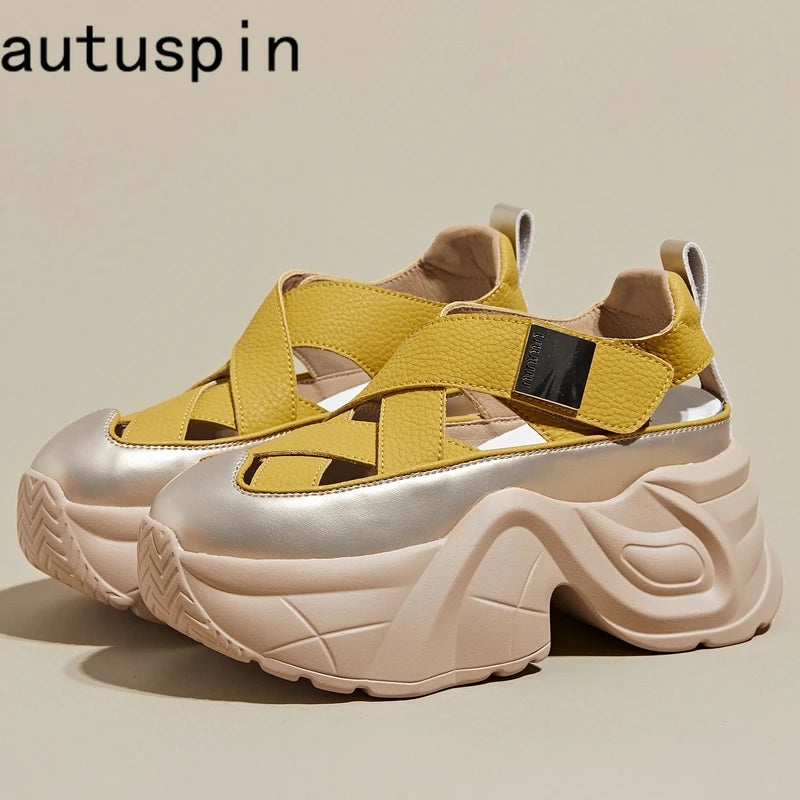 Autuspin 8cm Women Chunky Platform Sandals Summer Hollow New Synthetic Leather Ladies Shoes Wedges Platforms Female High Heels