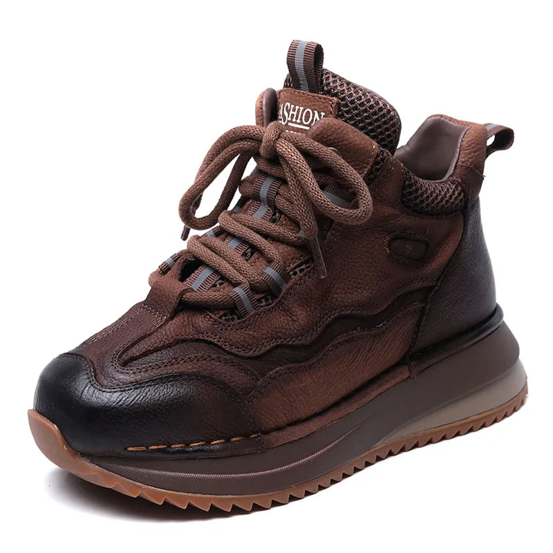 DRKANOL Women Mixed Colors Genuine Leather Casual Sneakers Lace-Up Retro High Top Platform Shoes Ladies Thick Sole Ankle Boots