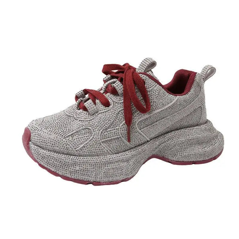 Fujin 5cm Women Sneakers Spring Lace-Up Casual Working Shoes Wearing Shoes High Brand Platform Wedge Silver Crystal Outside