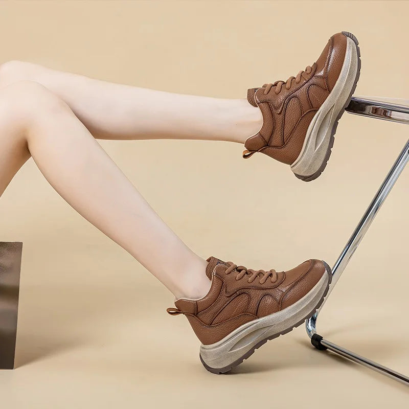 DRKANOL Women Thick Sole Platform Casual Sneakers Mixed Colors High Top Genuine Leather Wedges Heel Shoes Ladies Ankle Boots