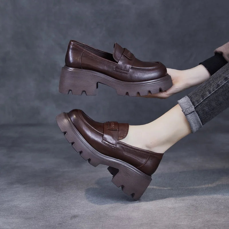 DRKANOL 2025 Spring Women Shoes Thick Heel Slip On Loafers Handmade Retro Chunky Platform Round Toe Pumps Ladies High Heel Shoes