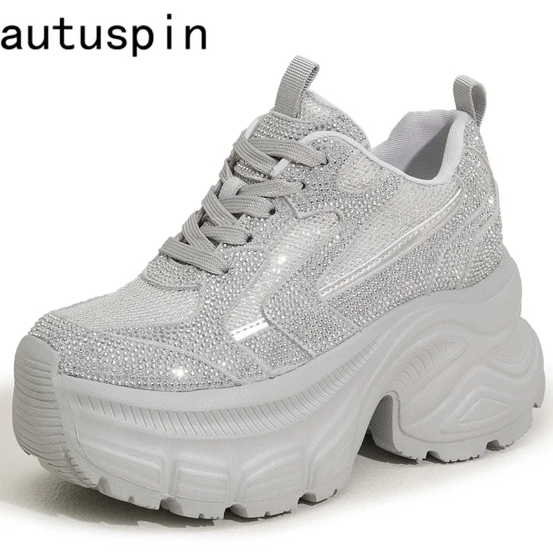 AUTUSPIN Shiny Rhinestone Women's Vulcanize Shoes 2025 Outdoor Fashion Tide Ladies Thick Platform Sneakers Leisure Popular Woman