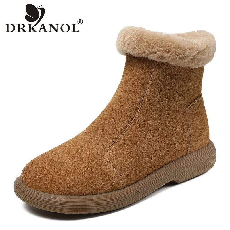 DRKANOL 2025 Fashion Women Snow Boots Quality Cow Suede Leather Winter Fur Warm Flat Heel Side Zipper Casual Short Ankle Boots