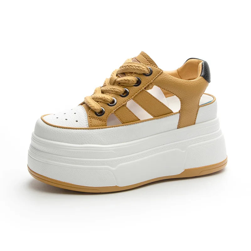 Autuspin Summer Sport Sandals Women Fashion Genuine Leather Hollow Out Vulcanized Shoes Ladies Rome Style High Platform Sneakers