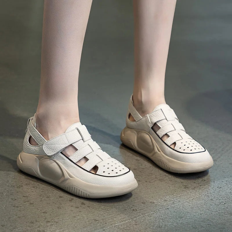 DRKANOL 2025 Women Genuine Leather Sandals Summer Hollow Thick Sole Platform Casual Sandals Outside Lightweight Wedges Sandals