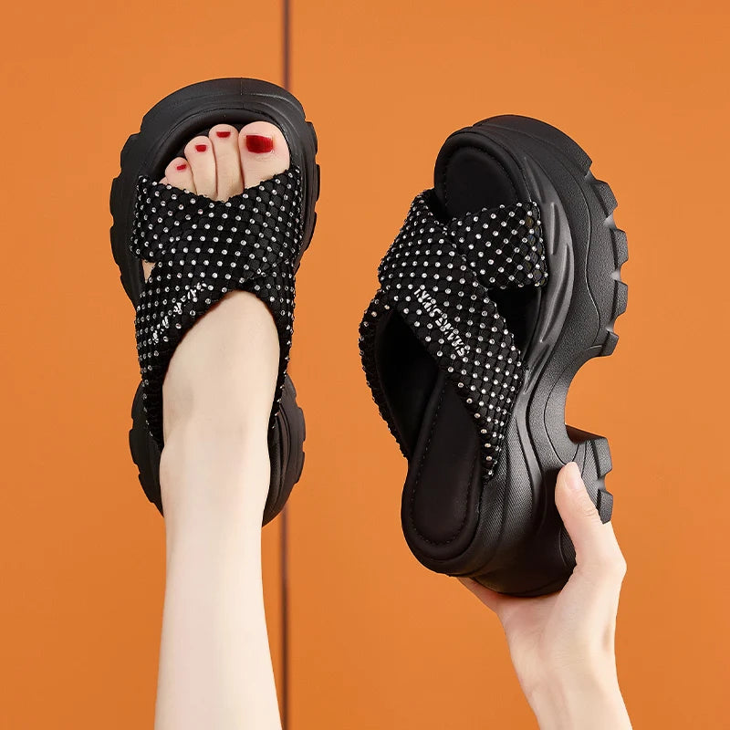 AUTUSPIN 7.5cm Fashion Slippers for Women Summer Rhinstones Shiny Slides Shoes Female Wedge Platform High Heels Thick Soled Shoe