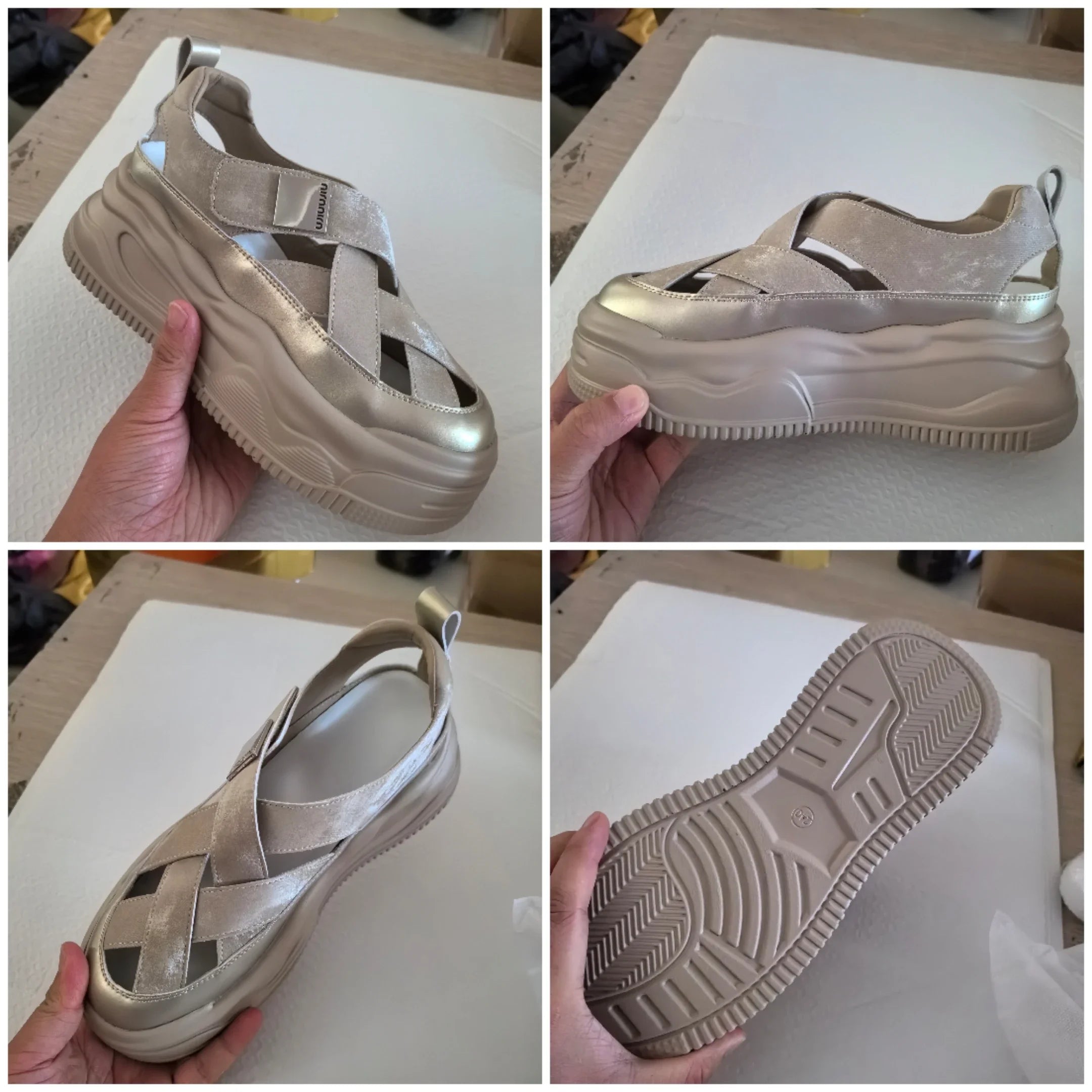 Fujin 8cm Cow Weave Genuine Synthetic Leather Platform Wedge Hook Summer Hollow Sandals Flat Women Slippers Pumps Fashion Shoes