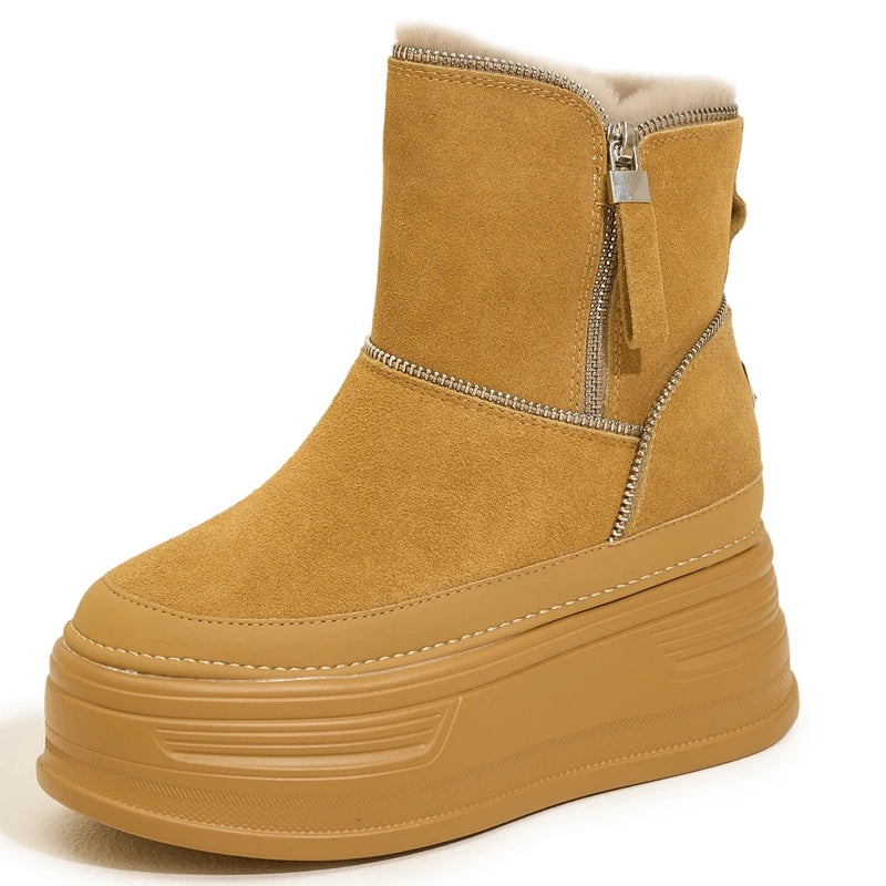 AUTUSPIN 7cm Platform Thick Bottom Snow Boots Women Winter Warm Plush Ladies Ankle Boot Suede Genuine Leather Female Shoes Woman