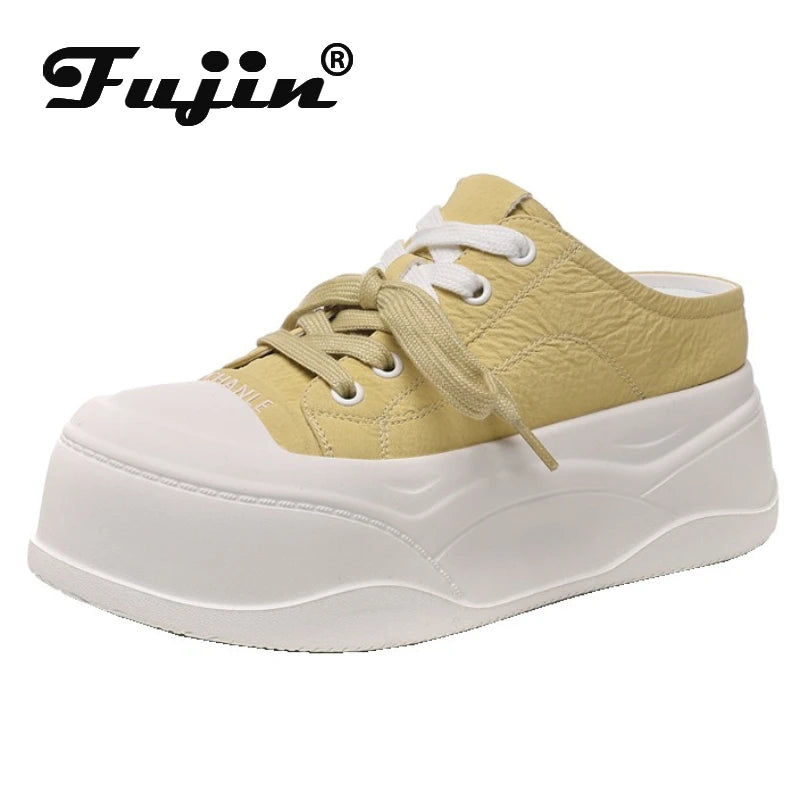 Fujin 8cm Women Microfiber Leather Sandals Summer Air Mesh Sneaker Shoes Mules Shoes Slippers Platform Wedge Flats Women Slides