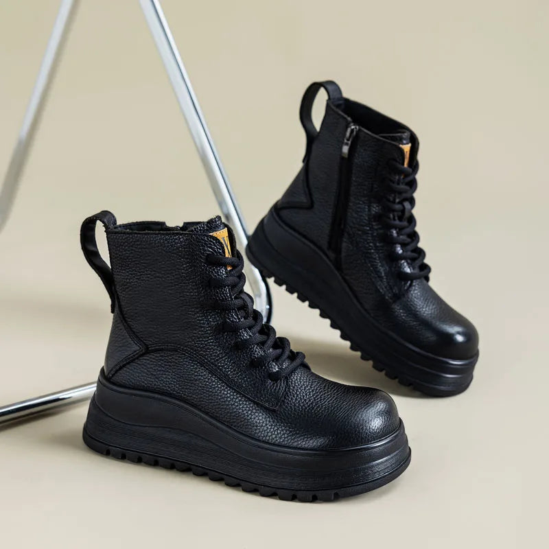 DRKANOL 2025 Genuine Leather Ankle Boots For Women Wedges Height Increasing Chunky Platform British Style Leisure Short Boots