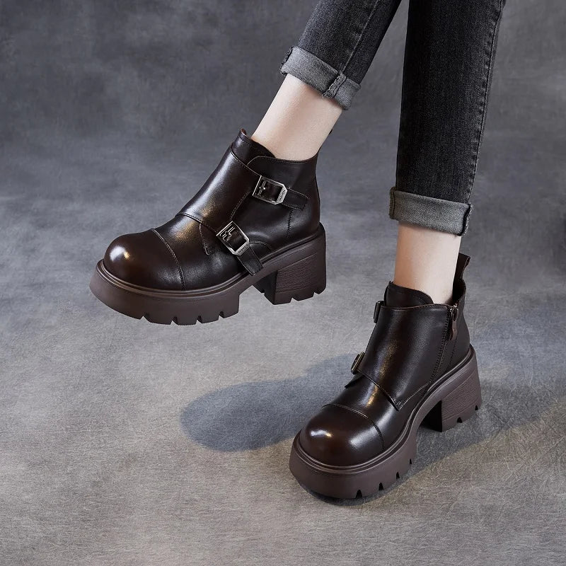 DRKANOL 2025 British Style Women High Heel Ankle Boots Spring Autumn Round Toe Genuine Cow Leather Zipper Chunky Platform Boots