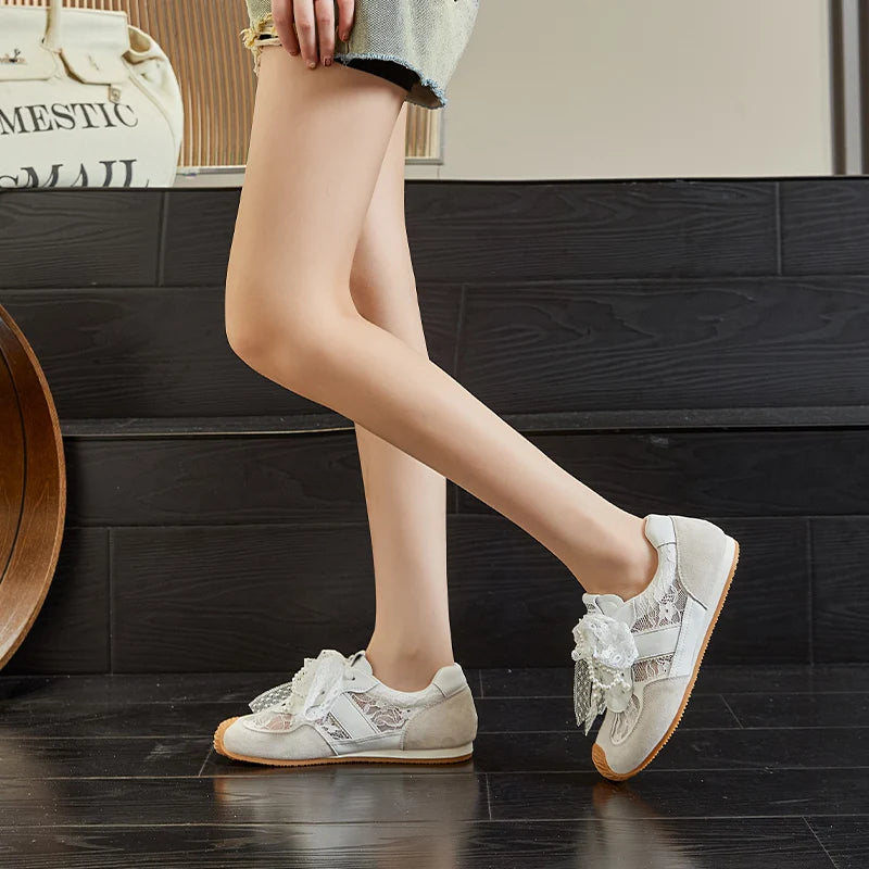 AUTUSPIN Sweet Women Shoes for Summer Lace Genuine Leather Female Sneakers String Beads Flat Platform Ladies Casual Sneaker