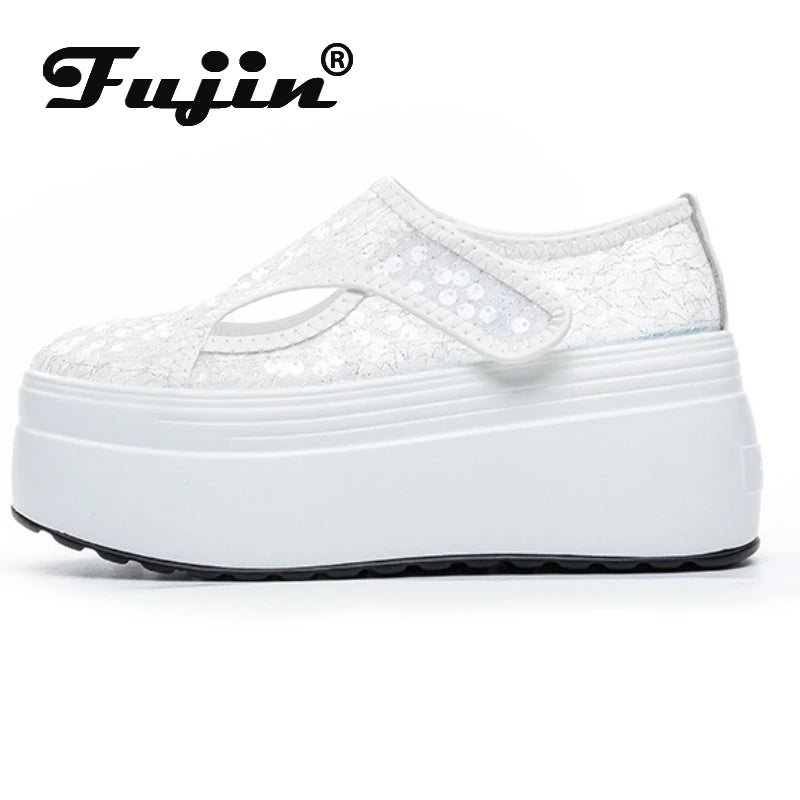 Fujin 8cm White Platform Sneakers for Women Casual Shoes Chunky Platform Sneakers Fashion Female Summer Shoes Sandals Slip on