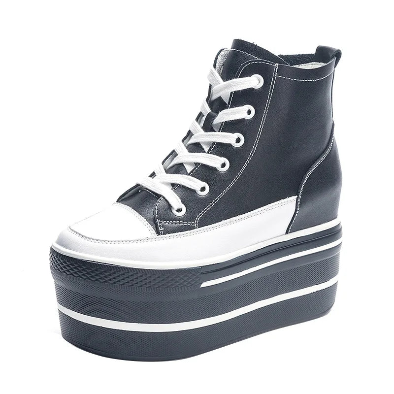 Fujin Women's High Top Sneakers Casual Leather Lace up Boots Sneakers For Woman Spring Autumn Shoes High Heels Sneaker Shoes