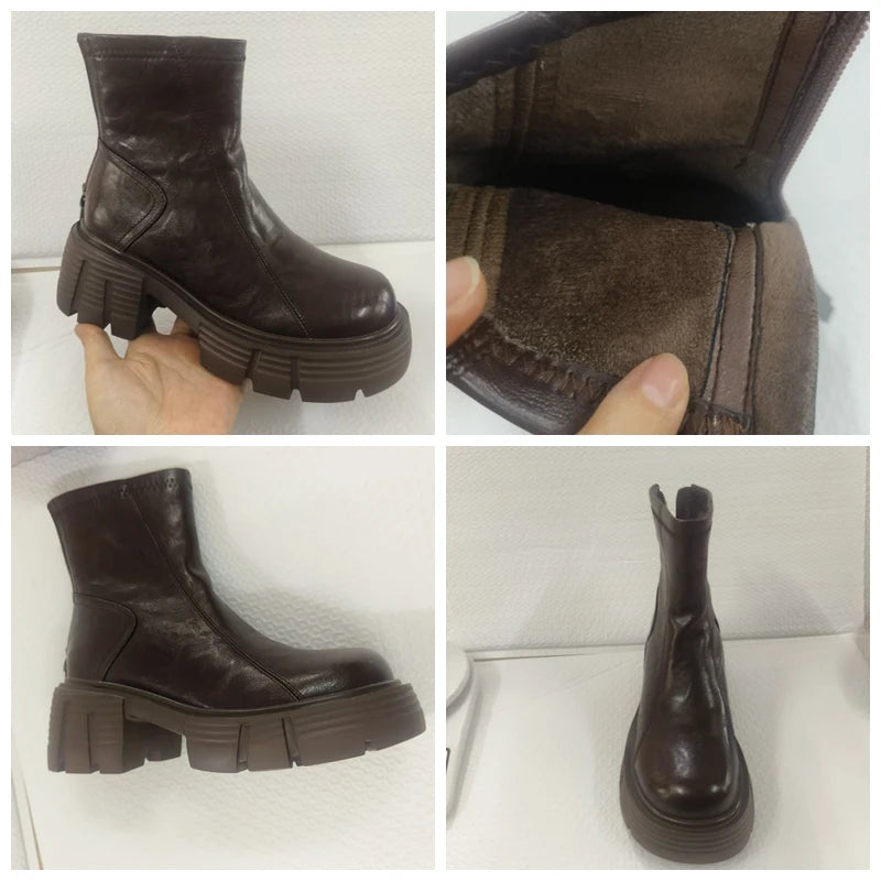 Fujin 7cm Genuine Leather Spring Round Toe Shoes Motorcycle Boots Women Ladies Fashion Chimney Autumn Moccasins Ankle Booties