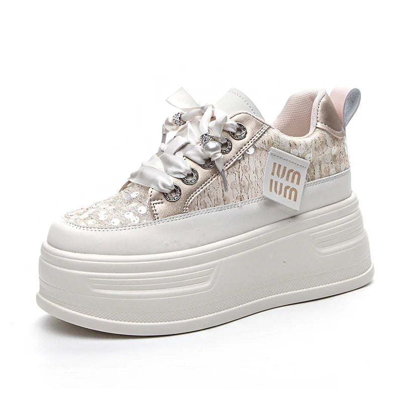Autuspin Size 34-39 Ladies Summer Lace Shoes Fashion Bling Decoration Flats Platform Loafers Women Genuine Leather Daily Shoes