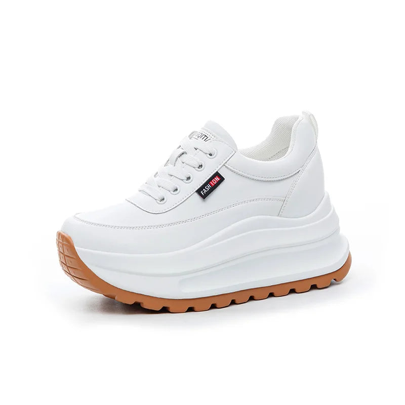 Fujin 8cm Heel Sneakers Genuine Leather White Platform Sneakers for Women Chunky Platform Women Fashion Sneaker Shoes Wedge Heel