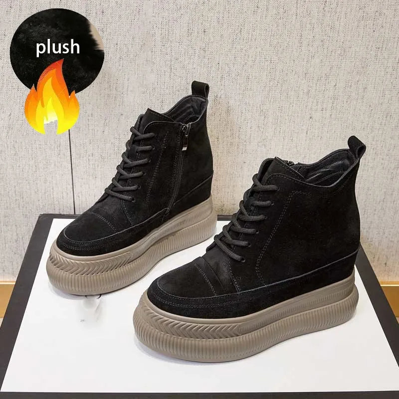 Fujin 10cm Suede Cow Genuine Leather Spring Motorcycle Fashion ZIP Ankle Boots Platform Wedge Flats Women Autumn British Shoes