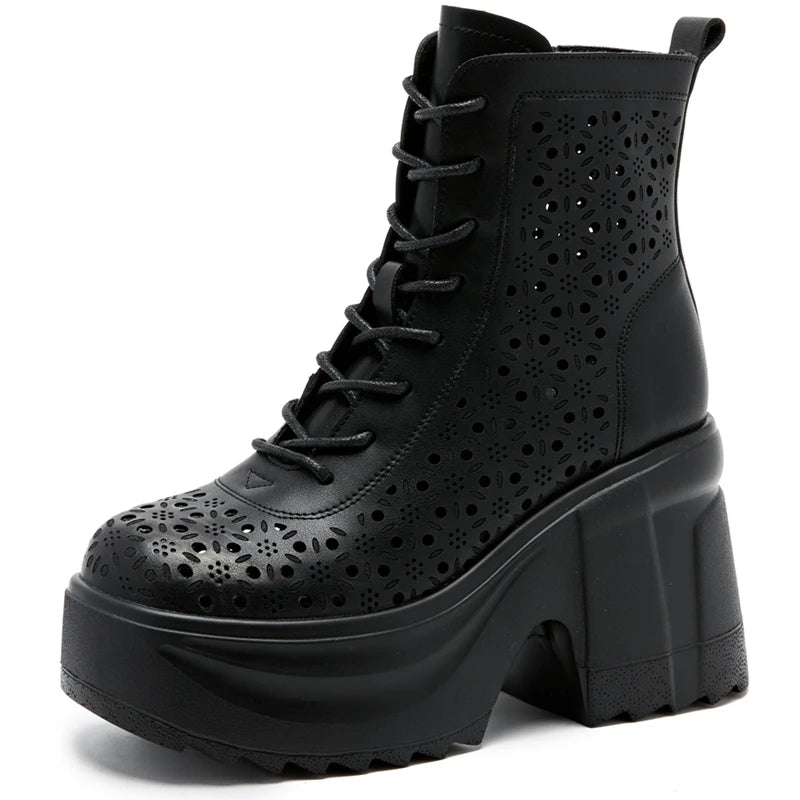 Autuspin 10cm Platform Knight Short Boots Women Summer Hollow Genuine Leather Fashion Lace-up Shoes Breathable Ladies Ankle Boot