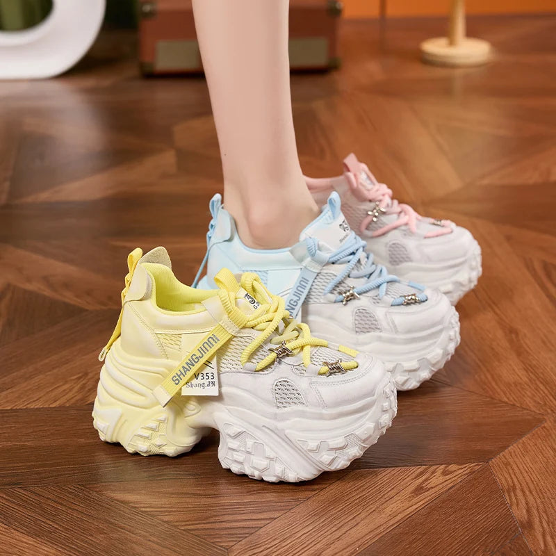 AUTUSPIN Women Shoes Mixed Colors Ladies Chunky Leisure Sneakers Summer Breathable Mesh Synthetic Leather Sports Shoes Popular
