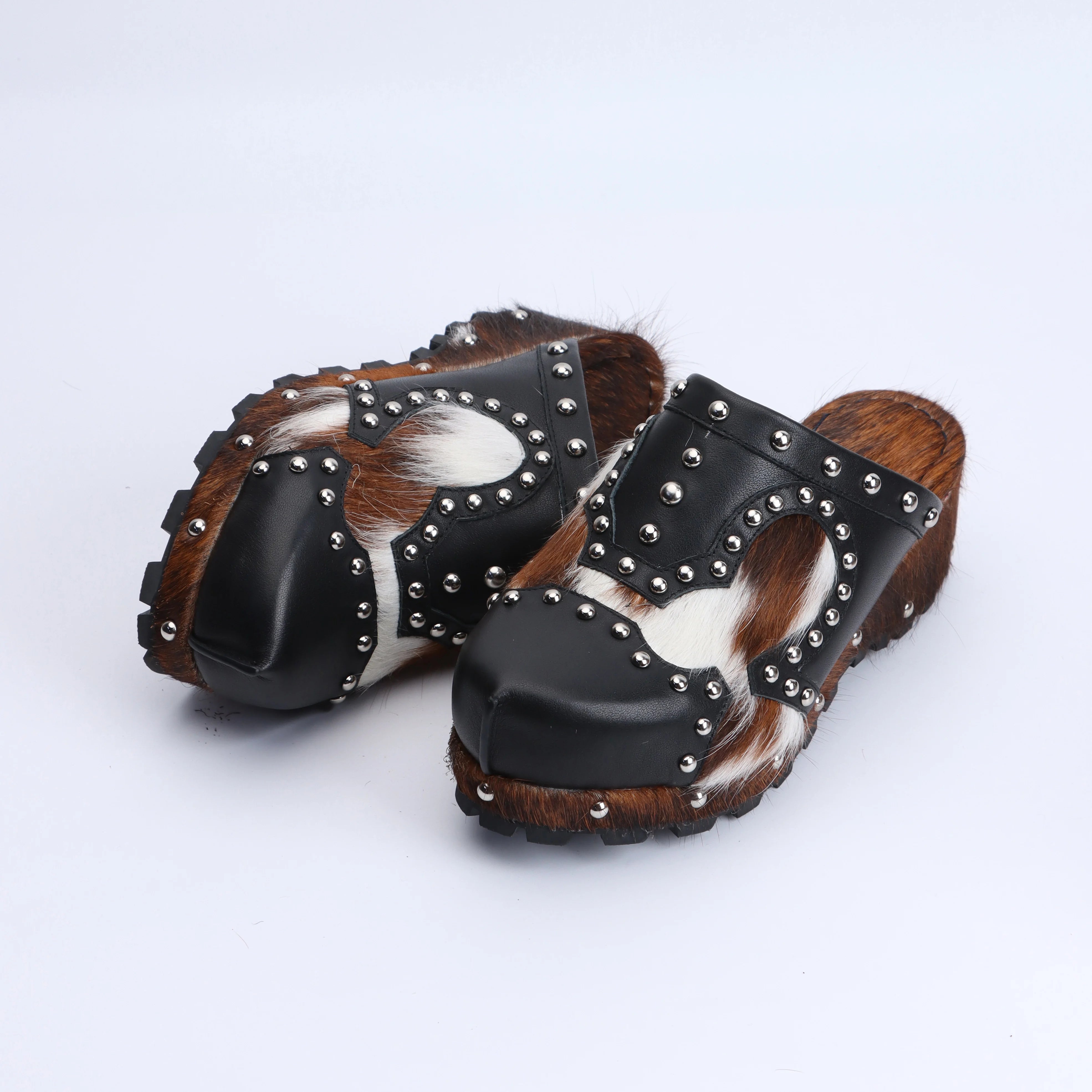 Luxury Designer Western Style Mule Sandals for Women, Handmade Cowhide Fur, Rubber Sole, Trendy 2025 Fashion Slides