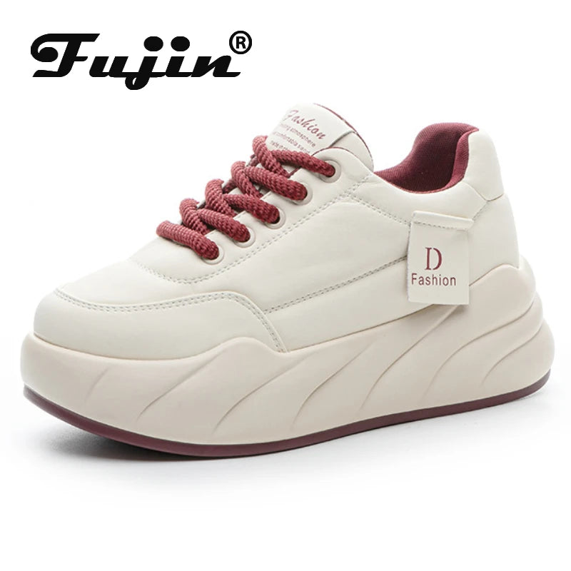 Koznoy 7cm Cow Genuine Leather Women Platform Wedge Fashion Lace Up Shoes Vulcanize Chunky Sneaker Ladies Fashion Vulcanize