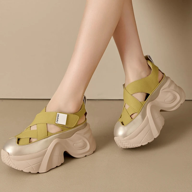 Autuspin 8cm Women Chunky Platform Sandals Summer Hollow New Synthetic Leather Ladies Shoes Wedges Platforms Female High Heels