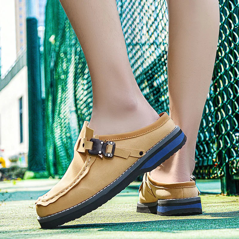 STRONGSHEN Men Clogs Slippers Fashion Brand Cow Suede Clogs Leather Cork Footbed Men Mules Outdoor Antiskid Men Beach Sandals