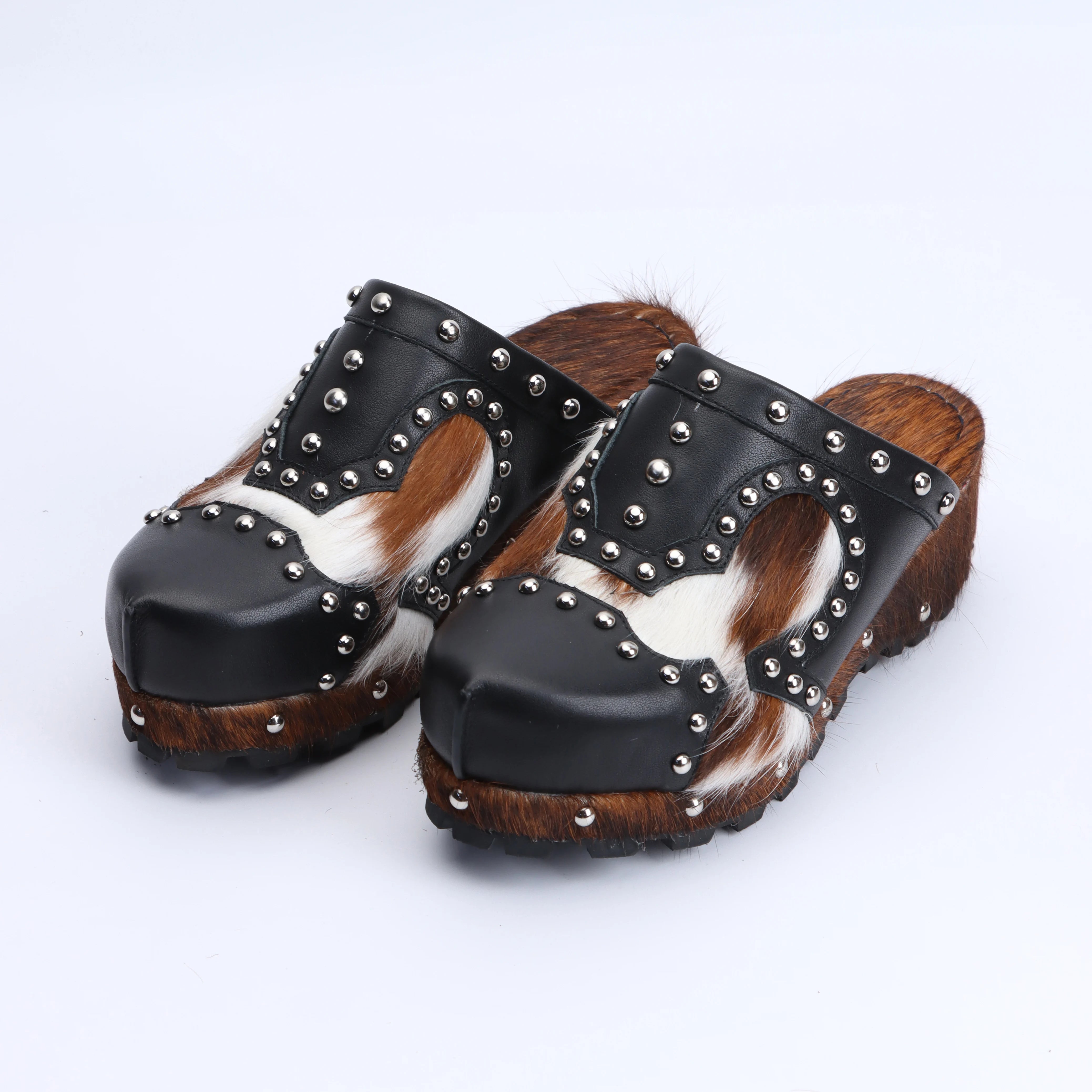 Luxury Designer Western Style Mule Sandals for Women, Handmade Cowhide Fur, Rubber Sole, Trendy 2025 Fashion Slides