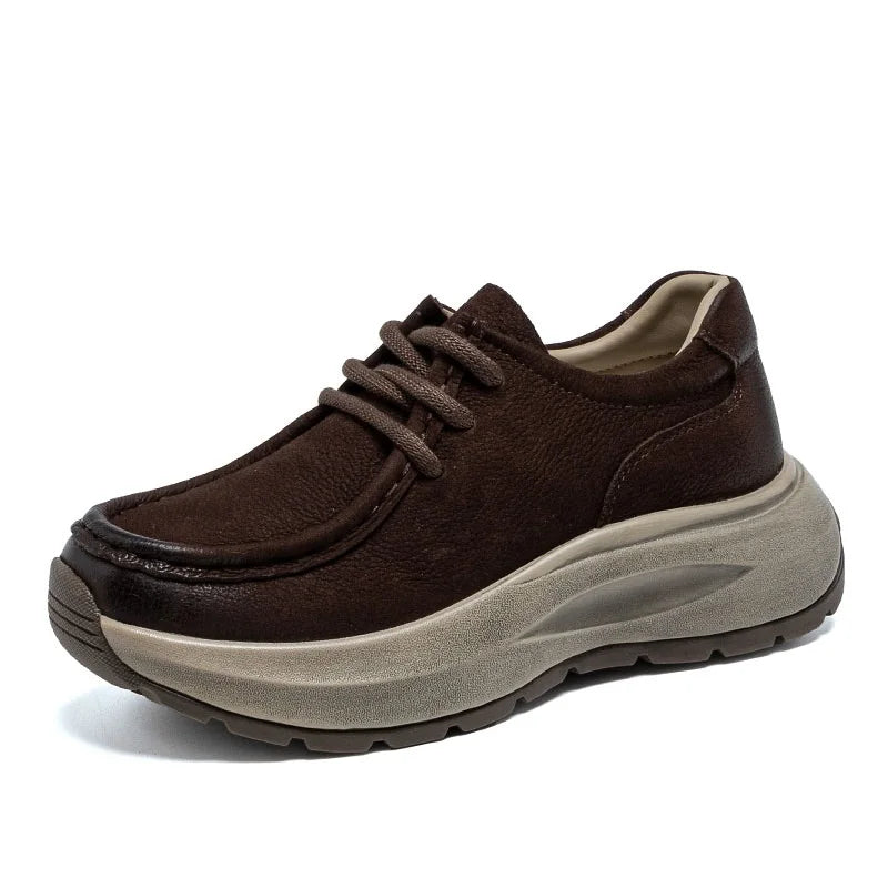 DRKANOL 2025 Women Casual Sneakers Thick Sole Chunky Platform Wedges Heel Genuine Cow Leather Lace-Up Handmade Retro Shoes H9628