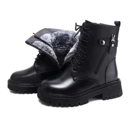 DRKANOL Big Size 35-43 Winter Women Snow Boots Genuine Leather Shearling Flat Heel Ankle Boots Women Wool Warm Platform Shoes