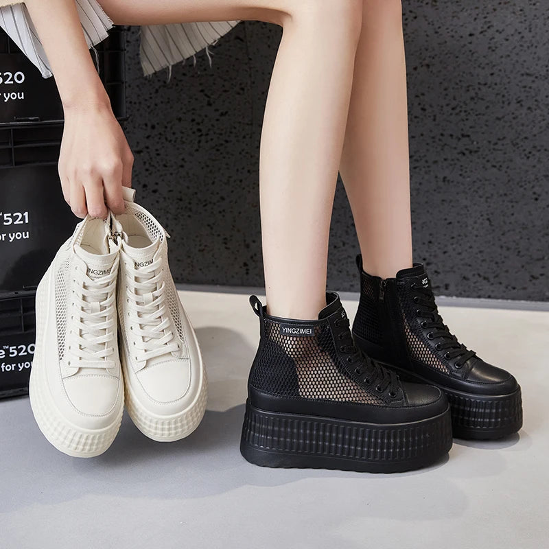 Autuspin Summer Women's Boots 2024 Fashion Breathable Mesh Shoes High Flats Platform Ladies Ankle Boot Women Trend Chunky Shoes