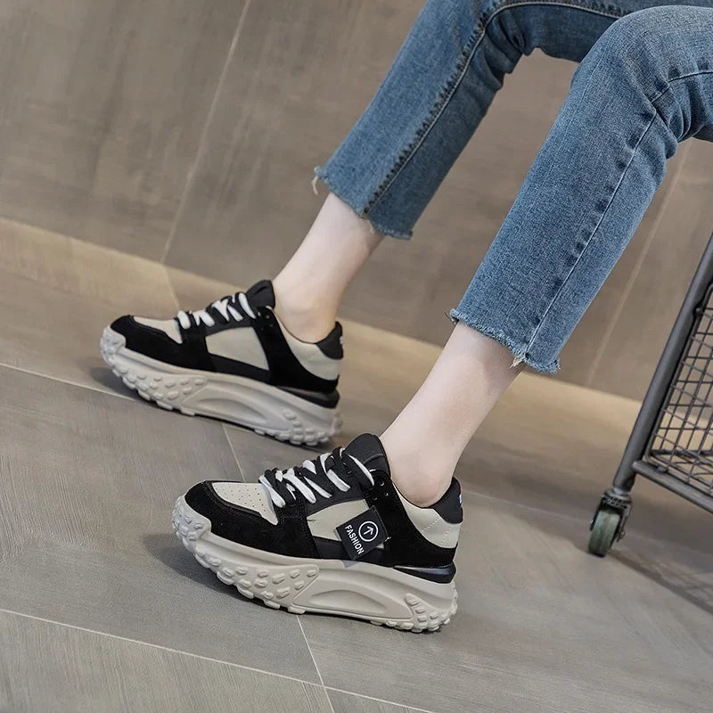 Fujin 6Cm Cow Genuine Leather Women Autumn Spring Winter Plush Warm Platform Wedge Hidden Heel Sneakers Chunky Mixed Color Shoes