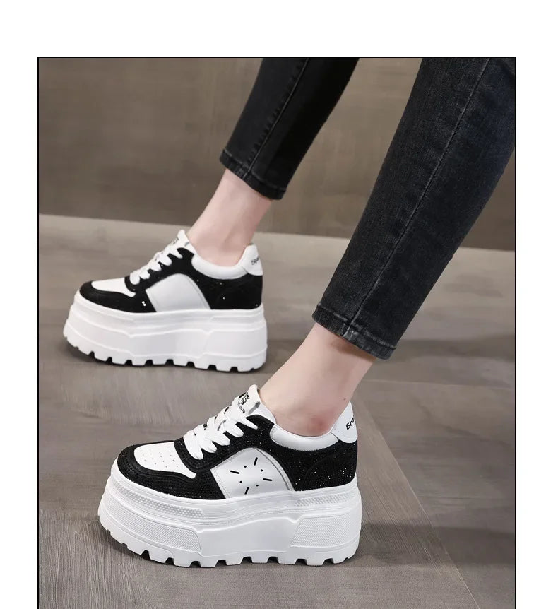 Fujin 10cm Microfiber Leather Spring Platform Wedge Women Casual Shoes Bling Skate Boarding Fashion Autumn Shoes Chunky Sneakers