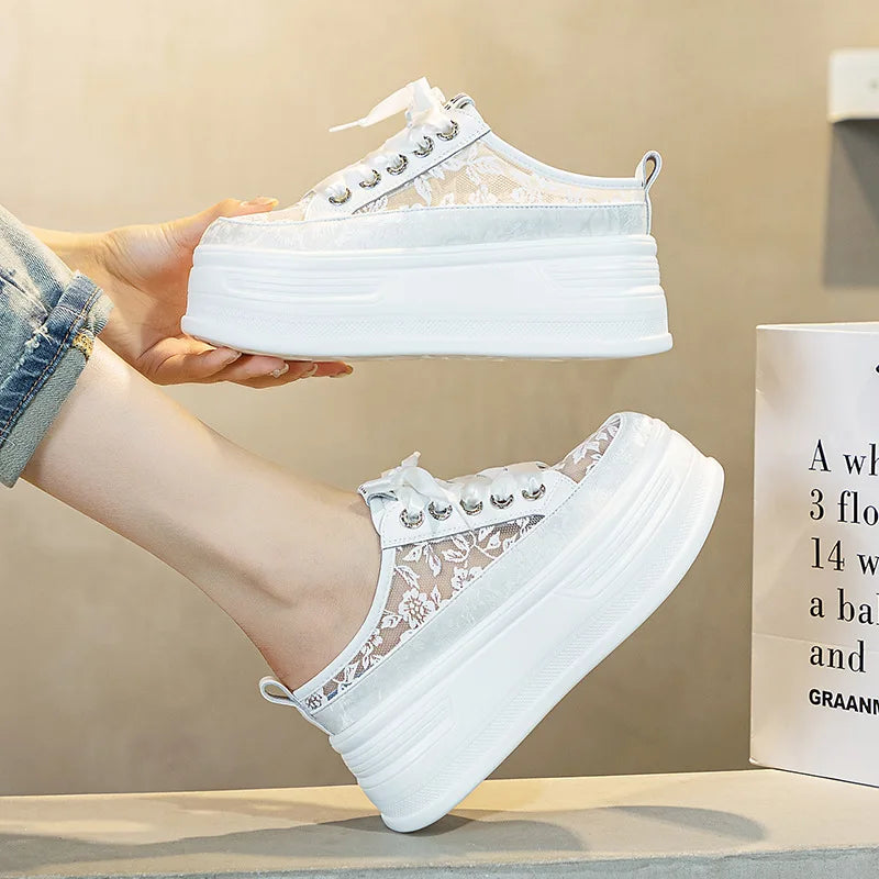 Fujin 8cm Air Mesh Ankle Boot Shoes Pumps Fashion Synthetic Platform Wedge Chunky Sneakers Comfy Summer Slipper Breathable Women