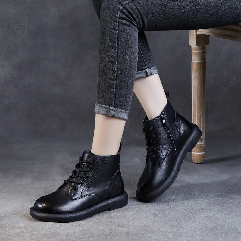 DRKANOL Autumn Winter Warm Flat Heel Ankle Boots For Women Handmade Retro Round Toe Genuine Leather Comfort Casual Short Boots