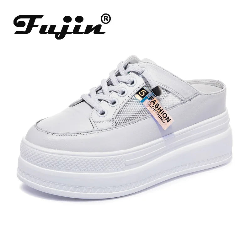Fujin 2024 Genuine Leather Women Summer Shoes 8cm Platform Wedge Sneakers Beach Shoes Sandals Mules Slippers Sliades Air Mesh