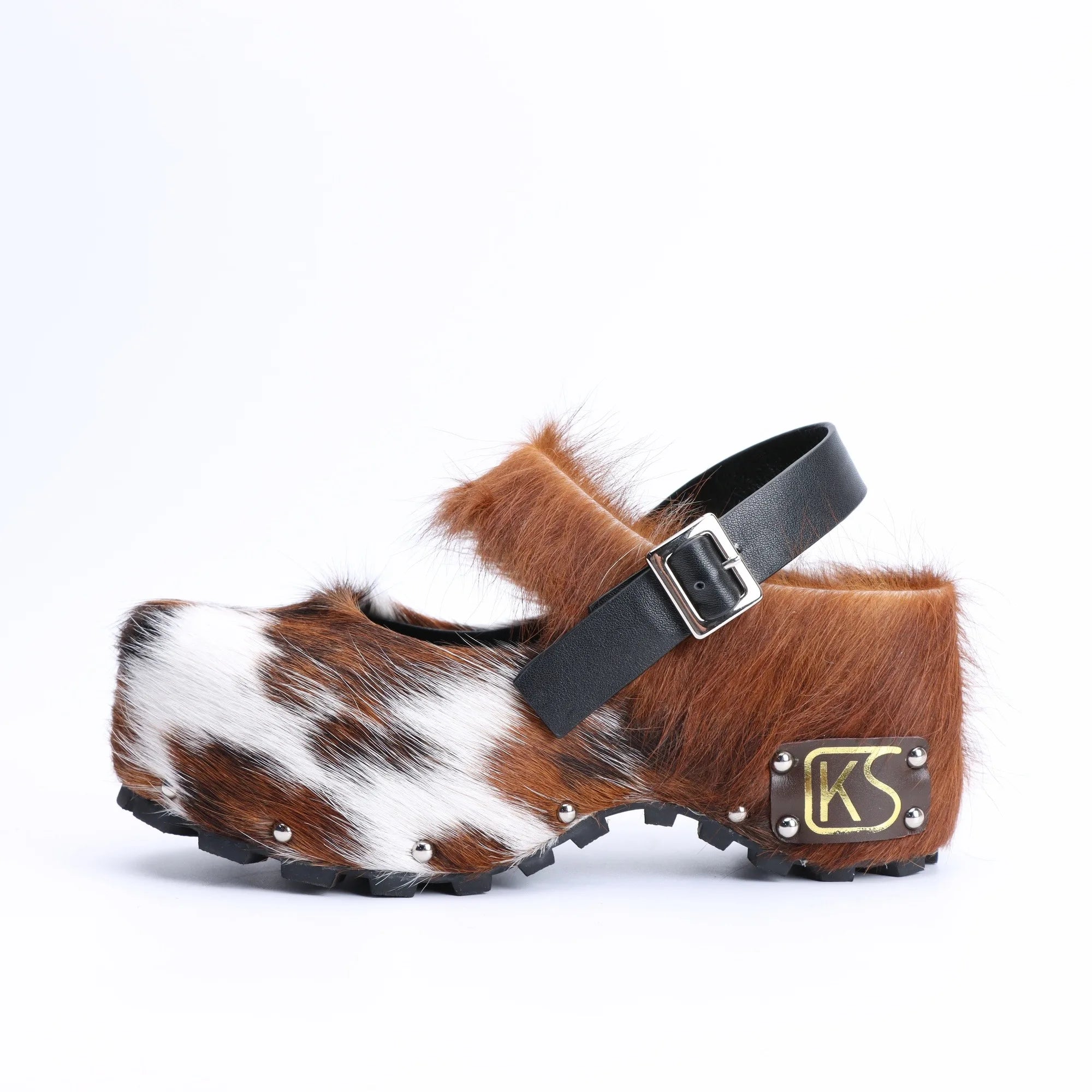 Handmade Platform Fur Clogs for Women, Arch Support Slip-On Luxury Leather Sandals with Natural Calf Hair, Studded Cowboy Style