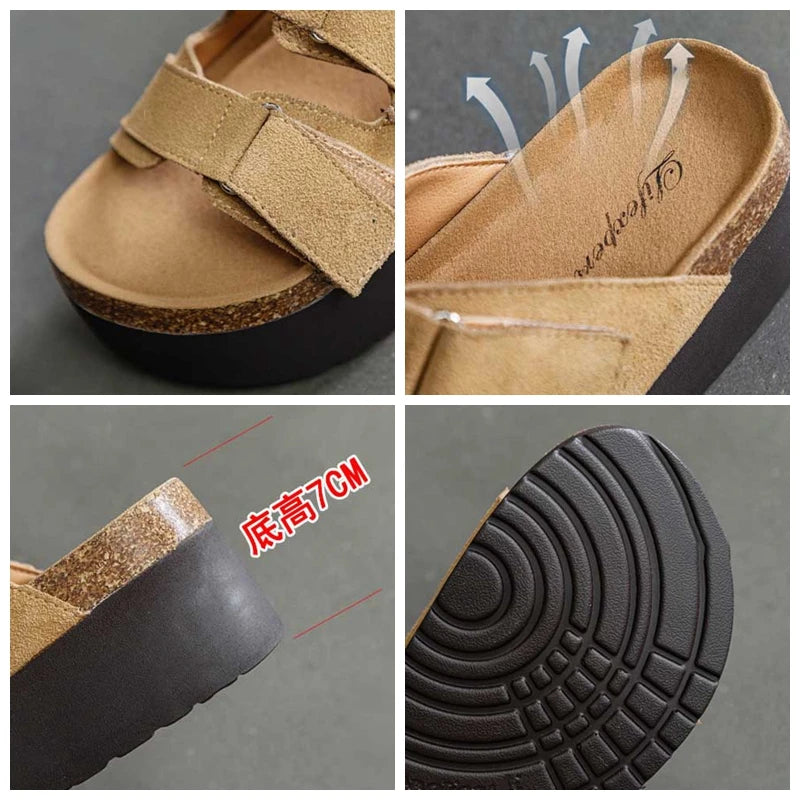 Fujin 7cm Cow Suede Genuine Leather Fashion Sandals Slippers Pumps Platform Wedge Hook Flats Women Summer Peep Toe Ladies Shoes