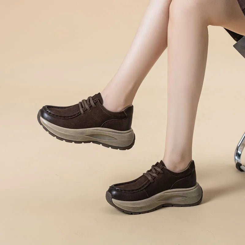 DRKANOL 2025 Women Casual Sneakers Thick Sole Chunky Platform Wedges Heel Genuine Cow Leather Lace-Up Handmade Retro Shoes H9628