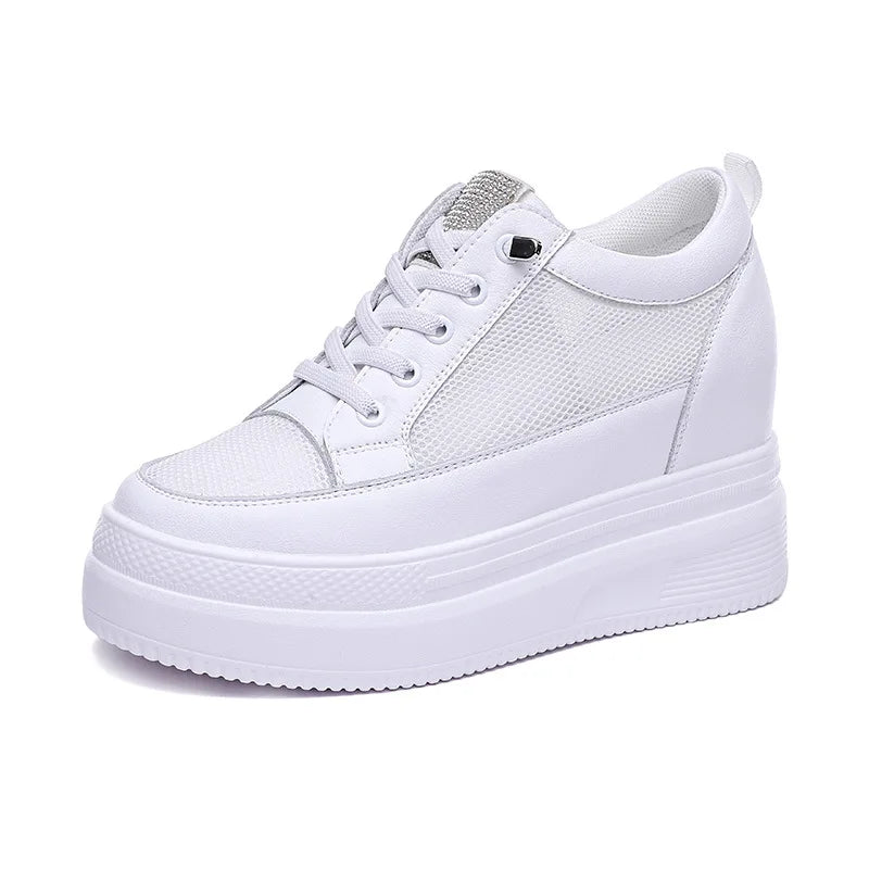 Fujin Women Shoes Chunky Sneakers Air Mesh Hollow Out Genuine Leather White Wedge Shoes Platform Heel Pumps Mujer Bombas
