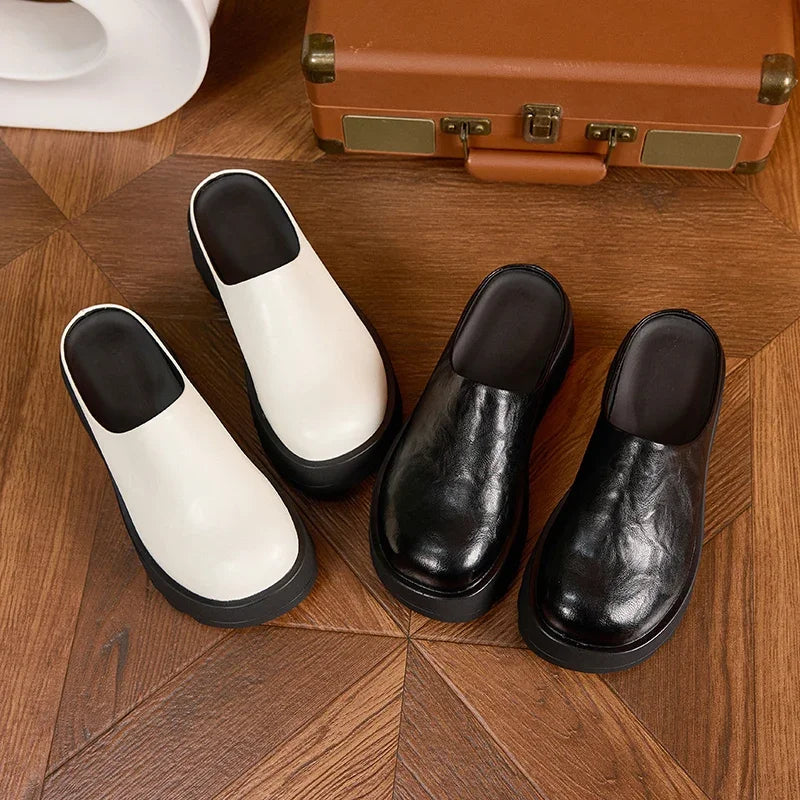 AUTUSPIN 7cm High Heels Mules Shoes for Women 2025 Spring Summer Fashion Thick Soled Ladies Slippers Round Toe Loafers Woman