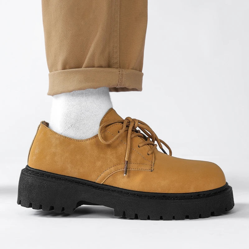 STRONGSHEN Men Casual Shoes Thick Soled Leather Shoes Men Round Toe Yellow New Fashion Elegant Non-slip Lace up Leather Shoes