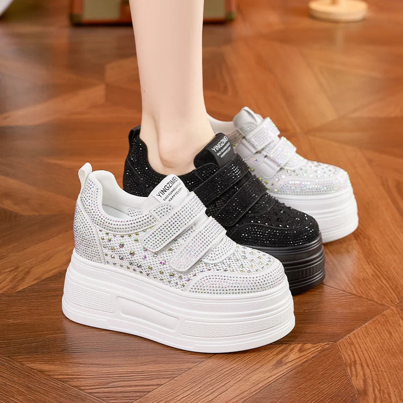 AUTUSPIN 9cm Wedge Women Skateboard Shoes Four Season White Crystal Chunky Sneakers Street Leisure Shoes Woman Street Tide