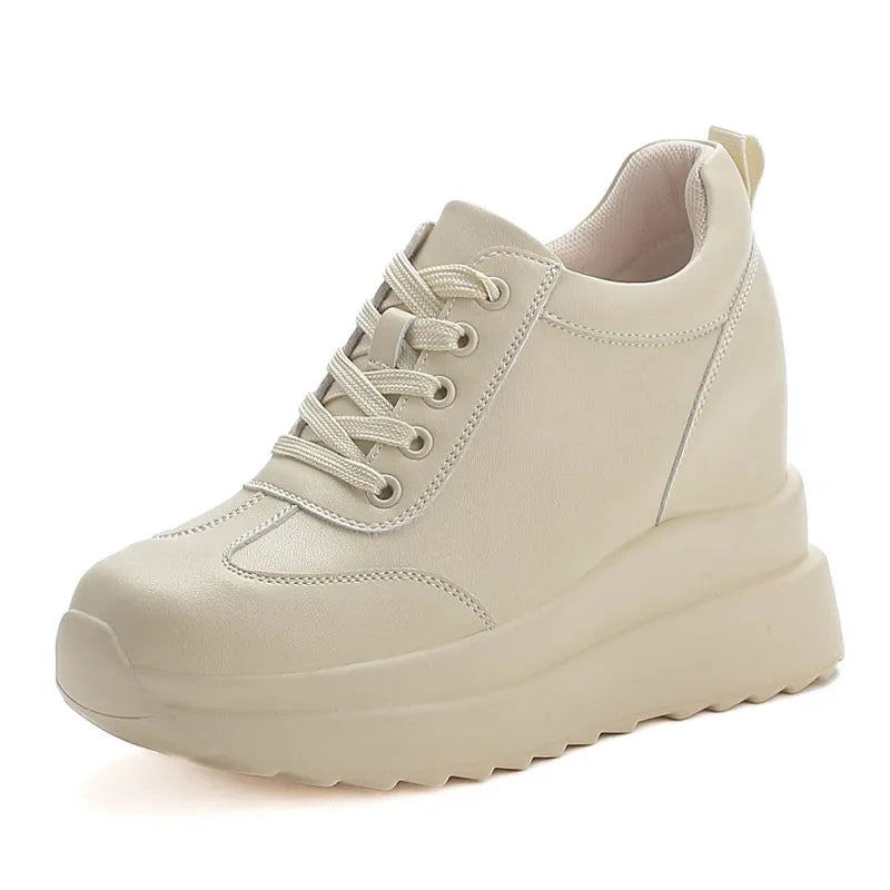 DRKANOL 10cm Height Increasing Hidden Heel Shoes Women Split Leather Solid Color Thick Sole Chunky Platform Casual Single Shoes